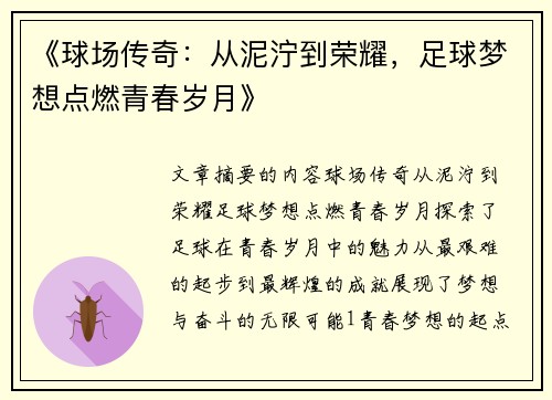 《球场传奇：从泥泞到荣耀，足球梦想点燃青春岁月》