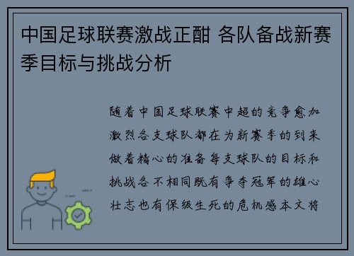 中国足球联赛激战正酣 各队备战新赛季目标与挑战分析