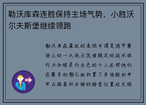 勒沃库森连胜保持主场气势，小胜沃尔夫斯堡继续领跑