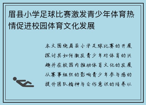 眉县小学足球比赛激发青少年体育热情促进校园体育文化发展
