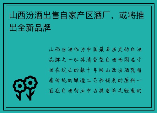 山西汾酒出售自家产区酒厂，或将推出全新品牌
