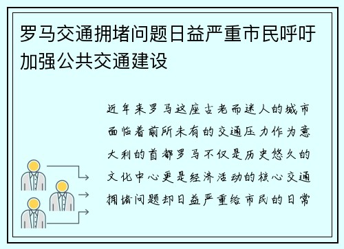 罗马交通拥堵问题日益严重市民呼吁加强公共交通建设