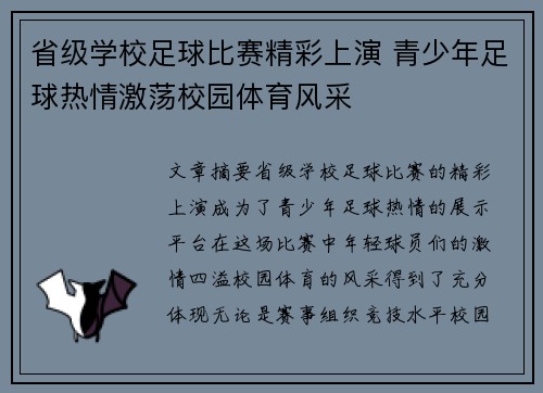 省级学校足球比赛精彩上演 青少年足球热情激荡校园体育风采