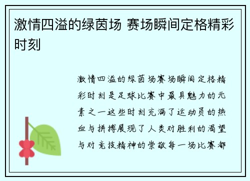 激情四溢的绿茵场 赛场瞬间定格精彩时刻