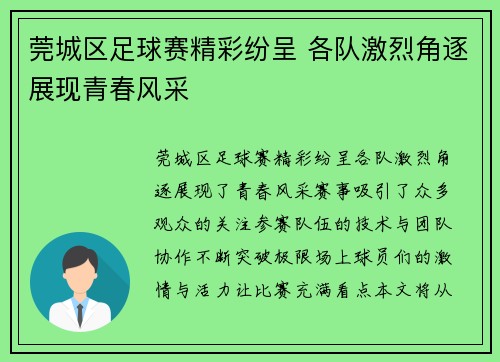 莞城区足球赛精彩纷呈 各队激烈角逐展现青春风采