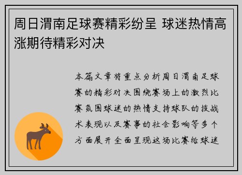 周日渭南足球赛精彩纷呈 球迷热情高涨期待精彩对决