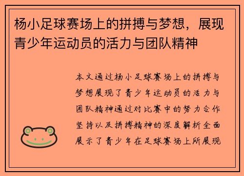 杨小足球赛场上的拼搏与梦想，展现青少年运动员的活力与团队精神