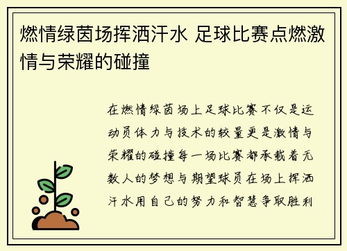 燃情绿茵场挥洒汗水 足球比赛点燃激情与荣耀的碰撞