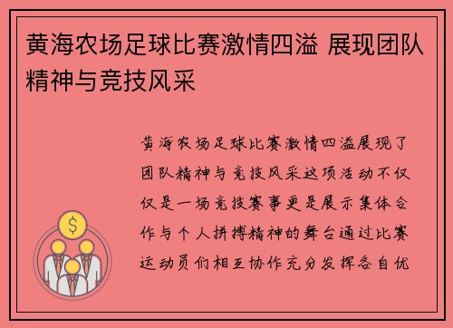 黄海农场足球比赛激情四溢 展现团队精神与竞技风采
