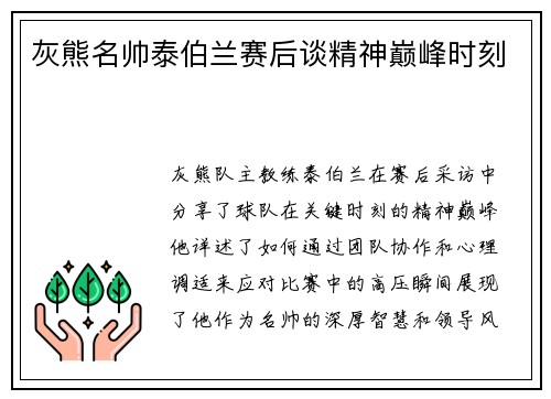 灰熊名帅泰伯兰赛后谈精神巅峰时刻