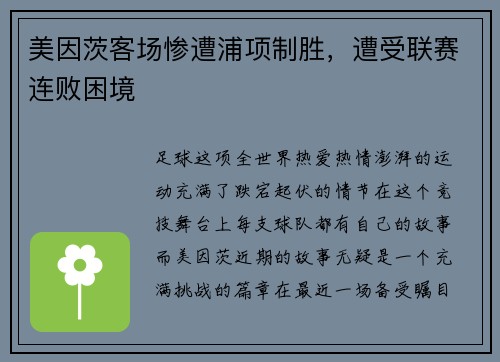 美因茨客场惨遭浦项制胜，遭受联赛连败困境