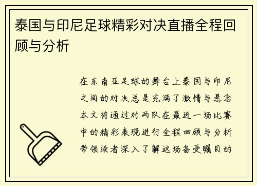 泰国与印尼足球精彩对决直播全程回顾与分析