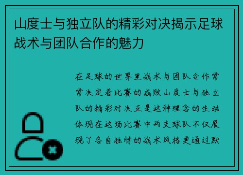山度士与独立队的精彩对决揭示足球战术与团队合作的魅力