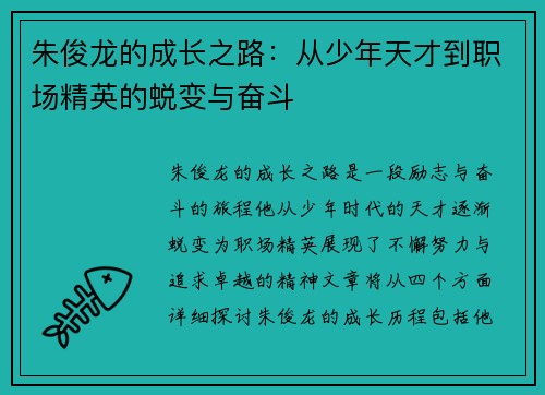 朱俊龙的成长之路：从少年天才到职场精英的蜕变与奋斗