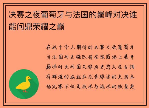 决赛之夜葡萄牙与法国的巅峰对决谁能问鼎荣耀之巅