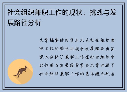 社会组织兼职工作的现状、挑战与发展路径分析